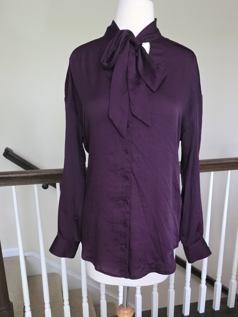 Women's Tie-Neck Long Sleeve Blouse - Deep Plum